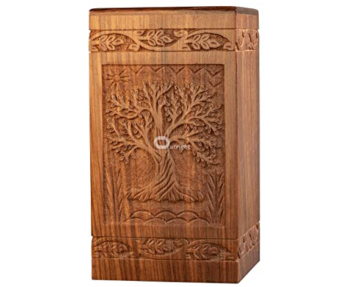 Outright Cremation Urns for Adult Human Ashes - Adult Large Wooden Urn Handcrafted for Funeral and Burial - Tree of Life Memorial Burial for Male and Female (Natural, L, 6.25 x 6.25 x 11.25 inches)