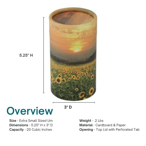 Sunflowers Scattering Tube - Extra Small, Biodegradable Cremation Urn for Ashes, Extra Small Sized Cremation Urn, 5.25 Inches High - color: Sunflowers
