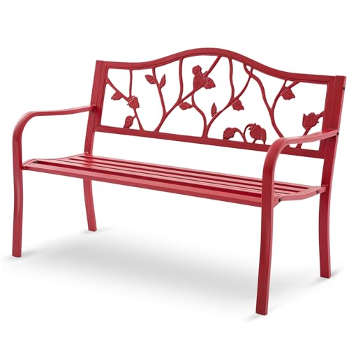 50” Strawberry Outdoor Garden Bench, Weatherproof Sturdy Cast Iron Metal Frame Patio Park Bench for Porch Yard Lawn Deck Park (Red Strawberry Style) - size: Red Strawberry Style
