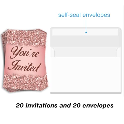 Birthday Invitations for Women Girl Rose Gold 20 Cards with Envelopes | Birthday Party Invitation Cards for Girl Rose Gold Glitter 20 Fill-in Invites with Envelopes - color: BS
