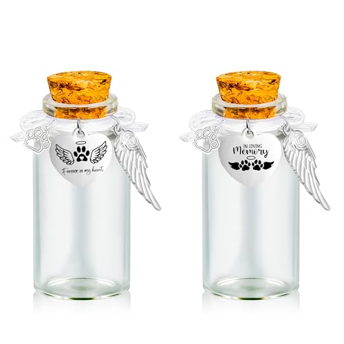 Gredstar Pet Memorial Glass Jar, Round Pet Fur Keepsake Bottle | 2 Glass Bottles Included, Round Glass Design, Cork Stopper, Paw Print Detail, Fur Hair Ashes Storage, Memorial Display