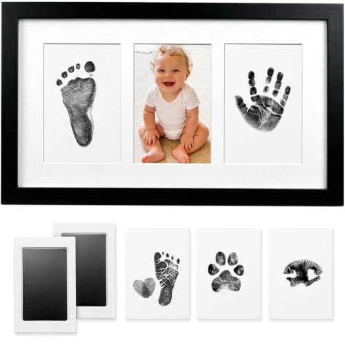 Hand and Footprint Kit,Inkless Handprint Kit with 2 Safe Clean-Touch Ink Pads and a Wooden Baby Picture Frame Gifts for New Parents, Shower Gift-Black - color: Black