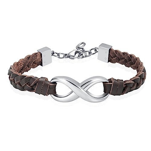 Infinity Cremation Bracelet for Ashes Genuine Leather Memorial Urn Bangle for Human Stainless Steel Keepsake Bracelet Jewelry for Women Men - color: Brown-Silver