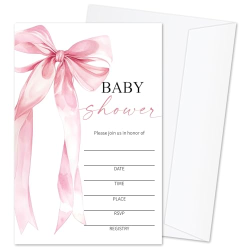 Baby Shower Invitations for Girls, Pink Bow Baby Announcement Invite Cards, 25 Set of Fill-in Baby Shower Invites with Envelopes, Gender Reveal Party Supplies -B05 - color: Pink Bow-03