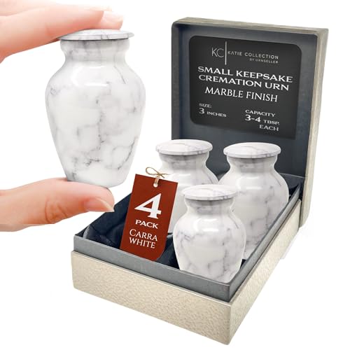 Set of 4 Elegant Marble Style Keepsake Urns – Metal Little Mini Urn for Human Ashes – Secure Screw Top – Small Personal Size – Carrara White Finish - color: 4 Carrara White