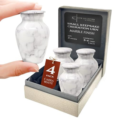 Set of 4 Elegant Marble Style Keepsake Urns – Metal Little Mini Urn for Human Ashes – Secure Screw Top – Small Personal Size – Carrara White Finish - color: 4 Carrara White