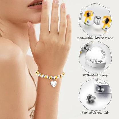 XIUDA Heart Cremation Memorial Urn Bracelet 316L Stainless Steel Keepsake Jewelry Urn Bracelet for Ashes for Women-With Me Always - style: Yellow Flower