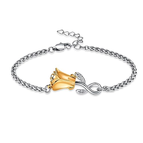 Rose Flower Ashes Bracelet for Women Cremation Memorial Jewelry - color: Golden