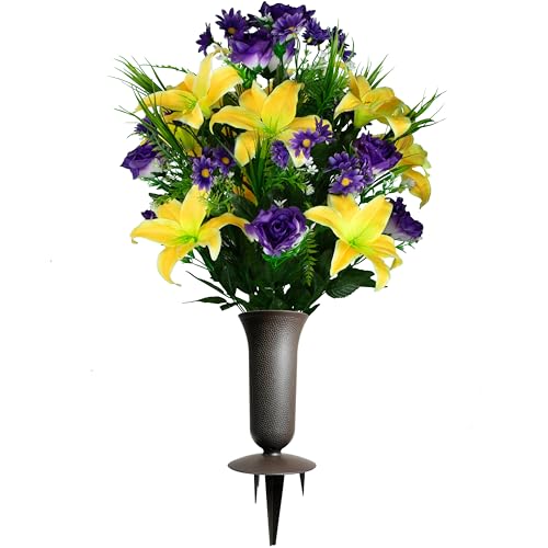 Sympathy Silks Artificial Cemetery Flowers - Gravesite Flowers - Yellow Lily with Purple Rose and Daisies (1) Cemetery Vase Included - color: Yellow, size: Bouquet with Vase