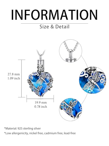 JKR Heart Urn Necklace for Ashes Crystal Keepsake Pendant Memorial Jewelry - style: Dragonfly-Blue Heart