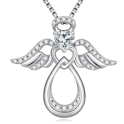 925 Sterling Silver Guardian Angel Pendant Necklace for Women with Birthstone Cubic Zirconia Little Angel Pendant Necklace Jewelry 18 inch Chain - color: 04-April-White
