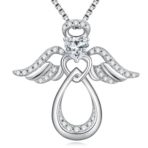 925 Sterling Silver Guardian Angel Pendant Necklace for Women with Birthstone Cubic Zirconia Little Angel Pendant Necklace Jewelry 18 inch Chain - color: 04-April-White
