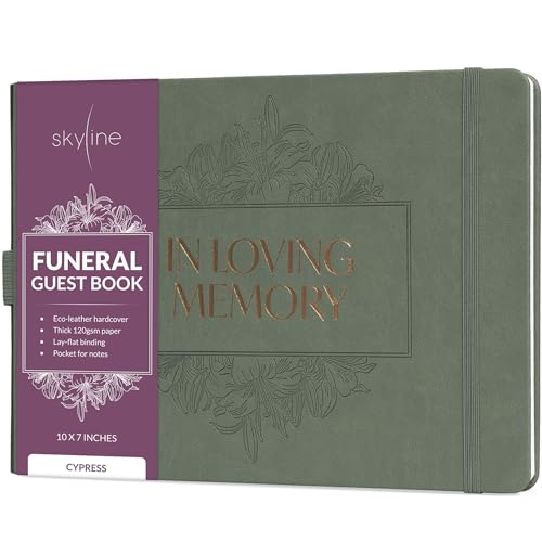 Skyline Funeral Guest Book, Memorial Service Sign-In, Cypress | 10x7 in, 610 entries, Eco leather hardcover, Personalized celebration of life guestbook, Memory book & condolence register - color: Cypress