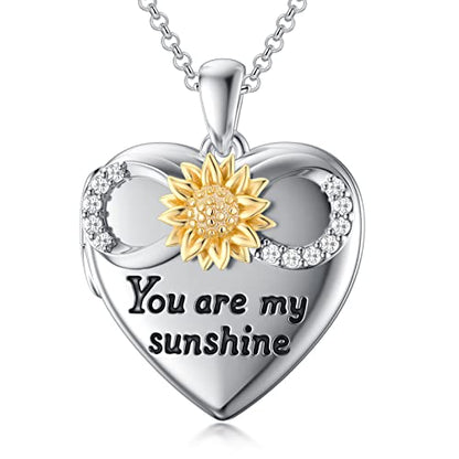 SOULMEET Personalized Silver Locket Necklace That Holds Pictures Photo Keep Someone Near to You, Memorial Custom Lockets Necklaces Letters Engraving for His Her - color: A4-Infinity sunflower-Two tones White+Yellow, style: Locket Necklace Only