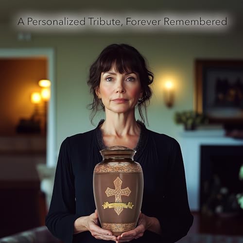 Bronze Cross Cremation Urns for Human Ashes Adult Male & Female Urns - color: Brushed Bronze - Engraved Ribbon, size: Extra Large