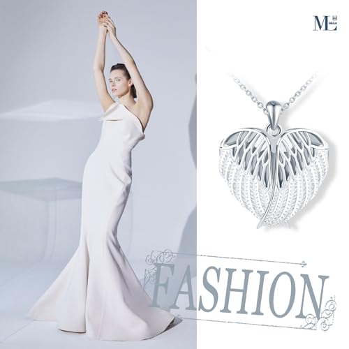 MicLee Women Photo Locket Necklace 925 Sterling Silver Heart Shape Feather Wings Pattern Picture Locket Necklace - color: Silver
