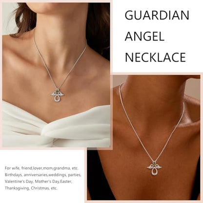 925 Sterling Silver Guardian Angel Pendant Necklace for Women with Birthstone Cubic Zirconia Little Angel Pendant Necklace Jewelry 18 inch Chain - color: 08-Aug-Peridot
