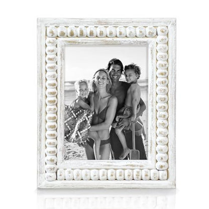 Whitewashed Wood Beaded 5x7 Picture Frame - Farmhouse Style Rustic Photo Frame, Boho Picture Frame as 5 x 7 Photo Frame for Tabletop Display 5x7 Photo - color: White, size: Single 5x7