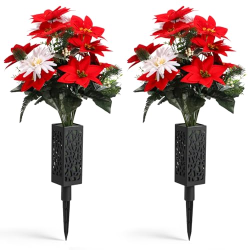 Suncalla 2 Set 26 inch Christmas Cemetery Flowers for Grave 18 Stems Artificial Red Faux Velvet Poinsettias Bouquets for Christmas Home Decorations, Holiday Bush, Indoor Floral, Cemetery Flowers - style: Poinsettia