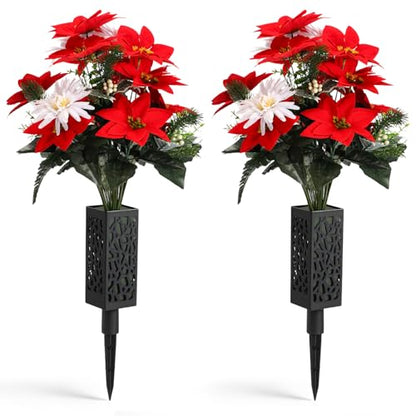 Suncalla 2 Set 26 inch Christmas Cemetery Flowers for Grave 18 Stems Artificial Red Faux Velvet Poinsettias Bouquets for Christmas Home Decorations, Holiday Bush, Indoor Floral, Cemetery Flowers - style: Poinsettia