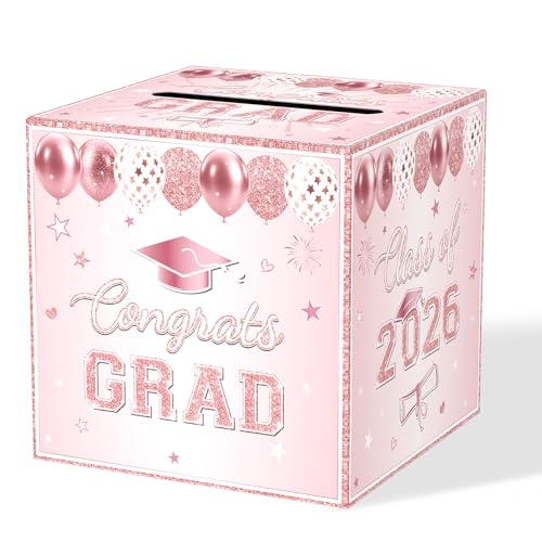 Pink Graduation Congrats Card Box, Class of 2026 Rose Gold Graduation Party Decorations Money Card Boxes Holder, Graduation Gift Card Box for Grad Parties Supplies 8.7 x 8.7 x 8.7 Inch - color: Pink Rose Gold