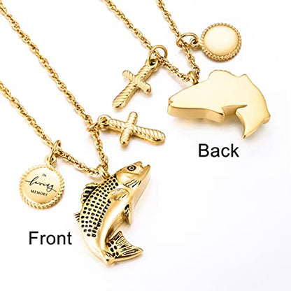 Dletay Fish Cremation Jewelry for Ashes Memorial Ashes Keepsake Necklace Urn Necklace Pendant - color: Gold-cross