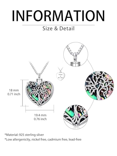 WINNICACA Cremation Jewelry for Ashes Locket Ashes Necklace Urn Necklace for Women Sterling Silver Cremation Necklace for Ashes Fine Keepsake Picture Necklace Memorial Jewelry - style: F01-Tree of Life Urn Necklace(Abalone)