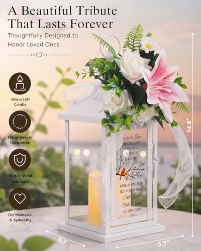 Sympathy Candle Lantern with Flower, Memorial Gift for Loss of Mom Dad Husband, Funeral Remembrance Lantern for Loss of Loved One - color: Cardinal/White