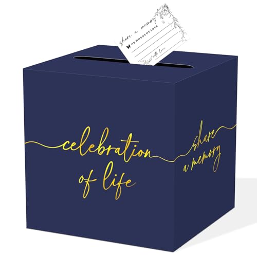 QISOLIY Navy Blue Celebration of Life Card Box with Gold Lettering, Share a Memory Funeral Card Box for Memorial Service, Remembrance Table Decor, Memory Box for Sympathy Condolence Messages - color: Navy Blue Gold Box