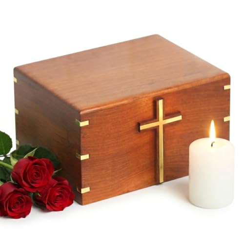 Wooden Cross Carved Rosewood Cremation Urn for Human Ashes (Brass Cross) | Handmade, Adult Size, Burial Use, Decorative Design, Male and Female - color: Brass Cross