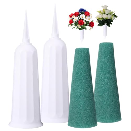 2pcs Ccemetery Vases for Grave,Plant Flowers Holder with a Stake and Foam Inserts for Keeping Bouquets in Place, Elegant Grave Decorations for Cemetery(White) - color: White