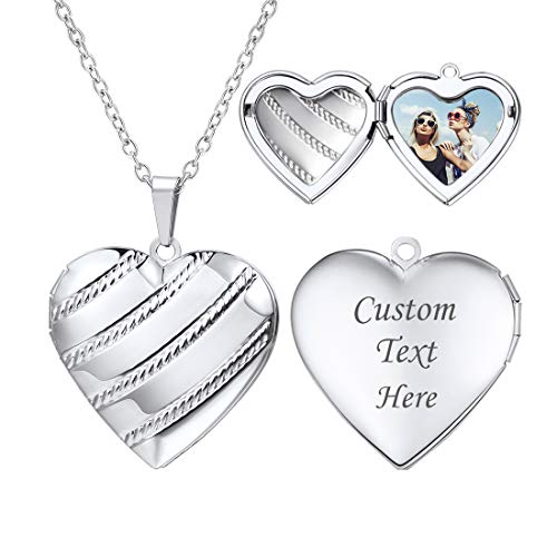 U7 Women Locket Necklace, Heart Photo Lockets Hold Picture, Gift Box Packed - color: 05# Platinum Stripe