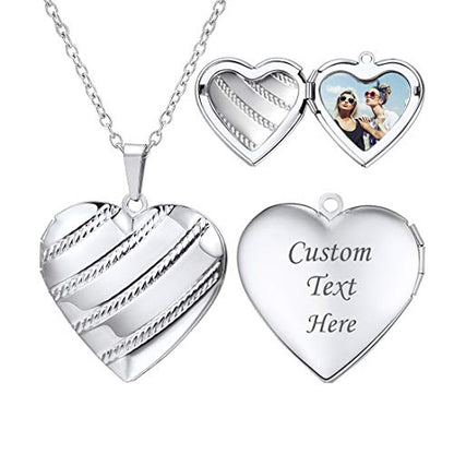 U7 Women Locket Necklace, Heart Photo Lockets Hold Picture, Gift Box Packed - color: 05# Platinum Stripe