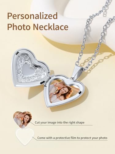 FindChic Locket Necklace for Women Custom Photo Memorial Gifts Multi-Shaped | Silver/Black/Rose Gold/Gold Plated Personalized Gifts for Loved Ones, Birthday Valentine's Day Keepsake - color: Silver-Heart to Heart