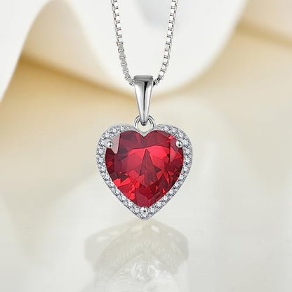 925 Sterling Silver Halo Heart Necklace for Women | Lwsary Love Heart Necklace, Heart Cut Birthstone Jewelry for Her - color: Deep Red