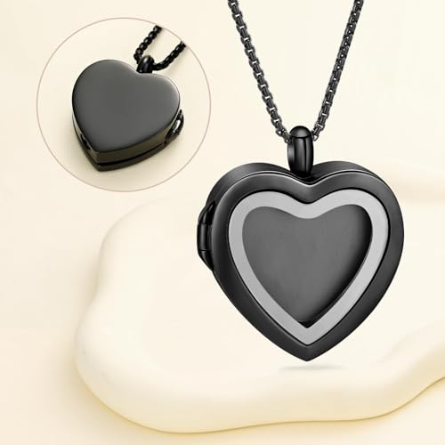 zeqingjw Glass Cremation Jewelry - Round Heart Memorial Urn Necklace for Ashes of Loved One - Stainless Steel Human Pet Dog Cat Keepsake Urn Pendant - color: A-Black