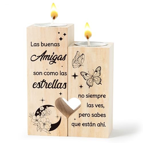 Zainpe Spanish Sister Best Friend Bestie Candle Holders Regalo para Amiga, Wooden Heart Double Sided Printing Candlestick Personalized Friendship Birthday for Mum Women Girl Soul - color: Sister & Butterfly
