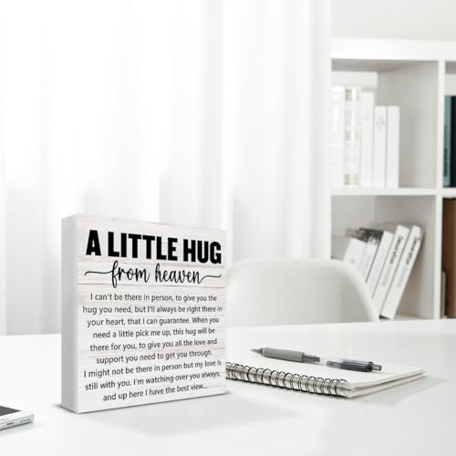 Sympathy Gifts Memorial Gifts for Loss of Mom Dad, Grieving Gift a Little Hug from Heaven Wood Sign Decoration for Home Living Room Bedroom Desk Shelf Table 5 X 5 Inch