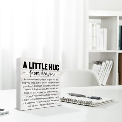 Sympathy Gifts Memorial Gifts for Loss of Mom Dad, Grieving Gift a Little Hug from Heaven Wood Sign Decoration for Home Living Room Bedroom Desk Shelf Table 5 X 5 Inch