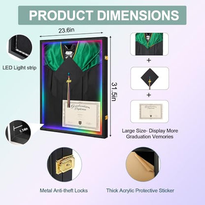 Cap and Gown Shadow Box,Lighting Wall-Mounted Display Stand, Black | Matte black wood frame, dustproof acrylic panel, lockable wall mount case, displays graduation gown,as commemorative gift - size: Large - Black - with LED