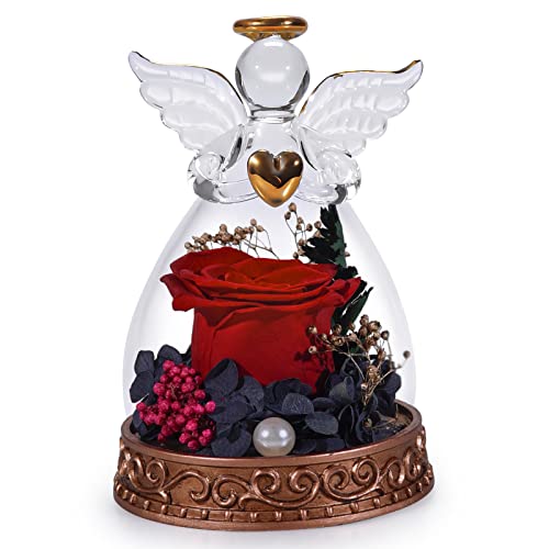 Preserved Real Rose in Glass Angel Figurine with LED Light, Angel Gifts for Women, Mom, Grandma on Mother's Day Christmas Birthday (Red) - color: Red