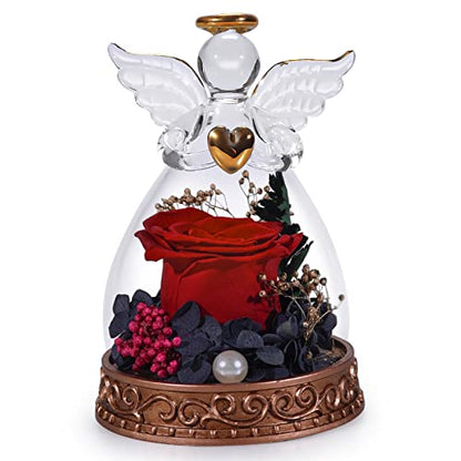 Preserved Real Rose in Glass Angel Figurine with LED Light, Angel Gifts for Women, Mom, Grandma on Mother's Day Christmas Birthday (Red) - color: Red