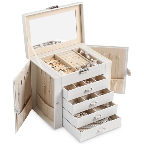 5-Layer Jewelry Box for Women,Jewelry Organizer with 4 Drawers | Faux Leather,Built-in Mirror,Spacious Jewelry Storage,16 Necklace Hooks,Organizing by Category for Rings Earrings Bracelet - color: Pearl White, size: Medium