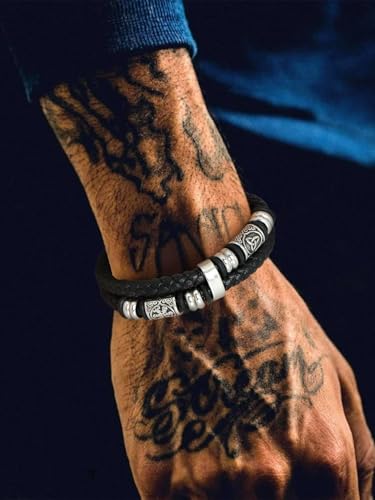 Bestyle Genuine Men Leather Bracelets Fashion Stainless Steel Celtic Beaded Wristband for Men, Size 7.5/8.3/9.1/9.8Inch Men Bracelet, Message Card Offered - style: 0. Viking Celtic Charm-Stainless Steel