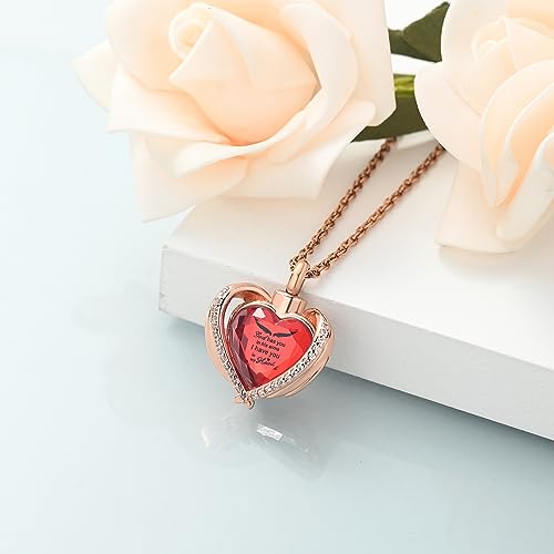 shajwo Angel Wing Heart Urn Ashes Necklace for Women Men | Cremation Jewelry,Birthstone Necklace of Loved One,Memorial Pendant for Human Pet - color: Rose Gold-Red