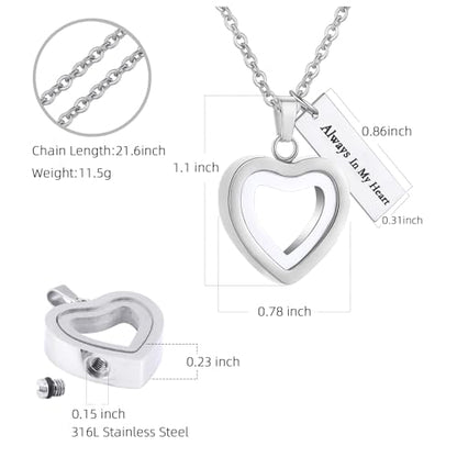 Glass Heart Cremation Urn Necklace for Ashes Stainless Steel Memorial Ash Pendant Keepsake Jewelry Cremation Jewelry for Women - color: Silver-Always In My Heart