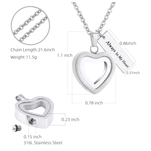 Glass Heart Cremation Urn Necklace for Ashes Stainless Steel Memorial Ash Pendant Keepsake Jewelry Cremation Jewelry for Women - color: Silver-Always In My Heart