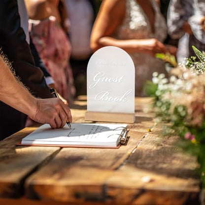 2-Piece Acrylic Wedding Signs for Reception with Wood Stands, 5 x 7 | Wedding signage includes 2 wedding table signs: Guest Book and Cards and Gifts, each with a beech wood stand. - size: Set of 2 - Guest Book & Cards and Gifts Signs