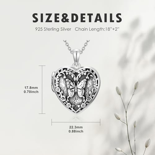 Heart Locket Necklace 925 Sterling Silver Custom Photo Pendant That Holds Pictures Memorial Jewelry Gifts for Women Mom Daughter - color: Butterfly, style: 3-photo&text customized