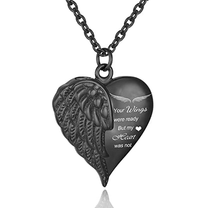 Heart Cremation Urn Necklace Human Ashes Jewelry for Women Men Engraved Your Wings were Ready but My Heart was Not Angel Wings Memorial Pendant Necklace Gift for Family Members - color: Black